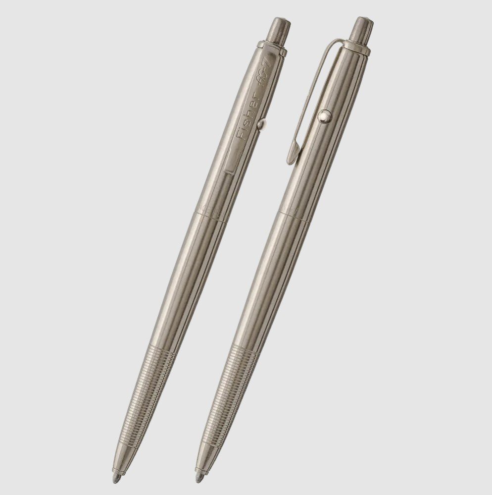 Two sleek silver ballpoint pens with clips on a neutral background.
