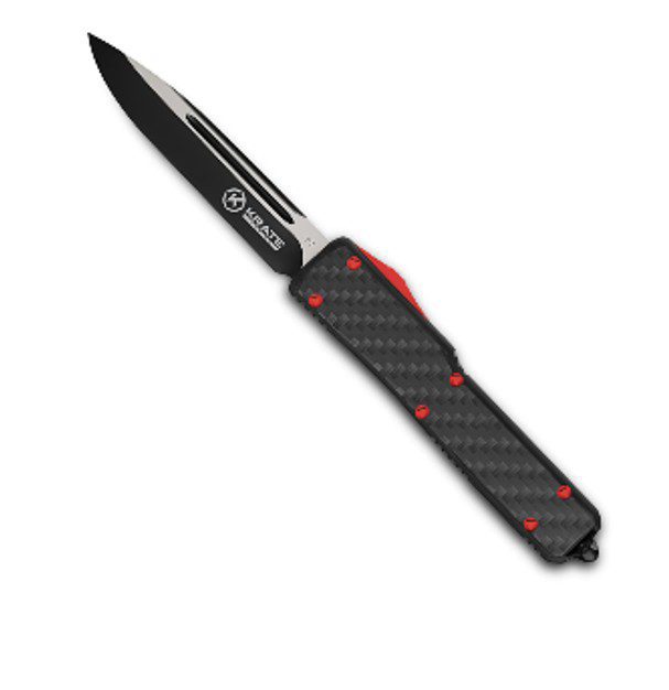 Krate Tactical-knife-black-red-Carbon Fiber- 2 Steel- Aluminum- Out-the-Front- 3.5" Blade-8.25" Overall