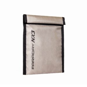 Protective silver pouch with a fold-over flap and black trim.