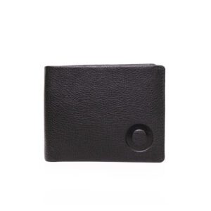 Black leather wallet with a circular embossed logo on the bottom right corner.