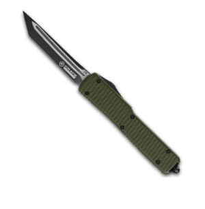 Krate Tactical-knife-green-Carbon Fiber- 2 Steel- Aluminum- Out-the-Front- 3.5" Blade-8.25" Overall