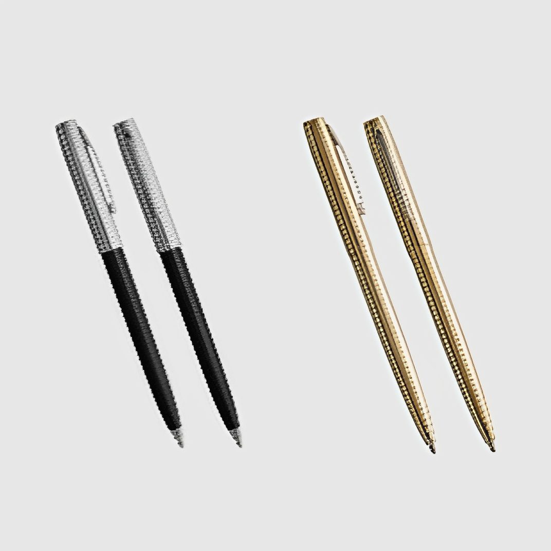 Two sets of elegant pens, one silver and black, the other gold, on a neutral background.