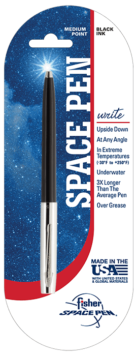Space pen advertisement highlighting its extreme temperature and underwater performance.