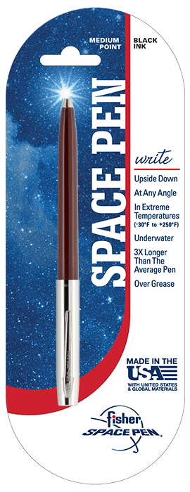 A space-themed pen with features listed on the packaging.