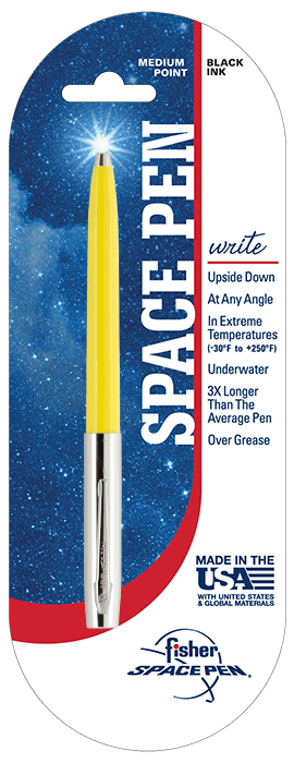A rocket-shaped pen with space-themed packaging highlighting its upside-down writing and durability.