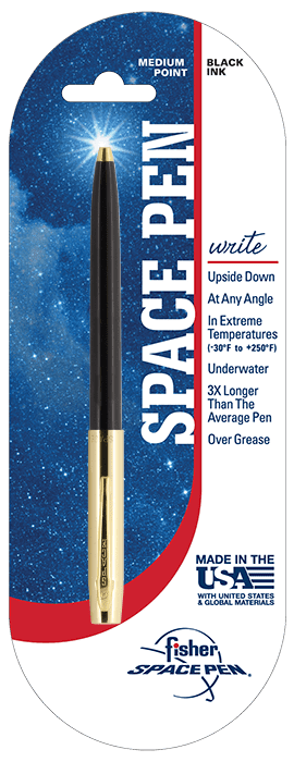 A close-up of a Space Pen with features listed on its packaging.