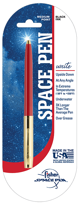 A pen advertisement highlighting its upside-down writing and temperature resistance.