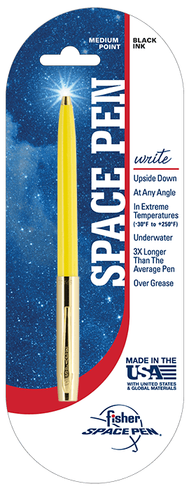 A graphic listing unique features of a Space Pen on a blue background.