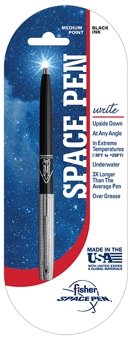 A Space Pen with features listed beside it on a starry background.