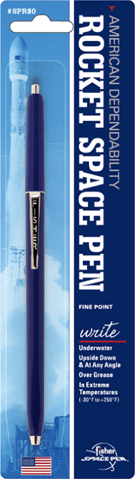 Blue pen with a clip labeled 'FISHER' on a blue background.