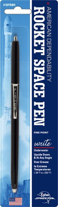 A close-up of a black pen labeled 'Fisher' against a blue and white background.