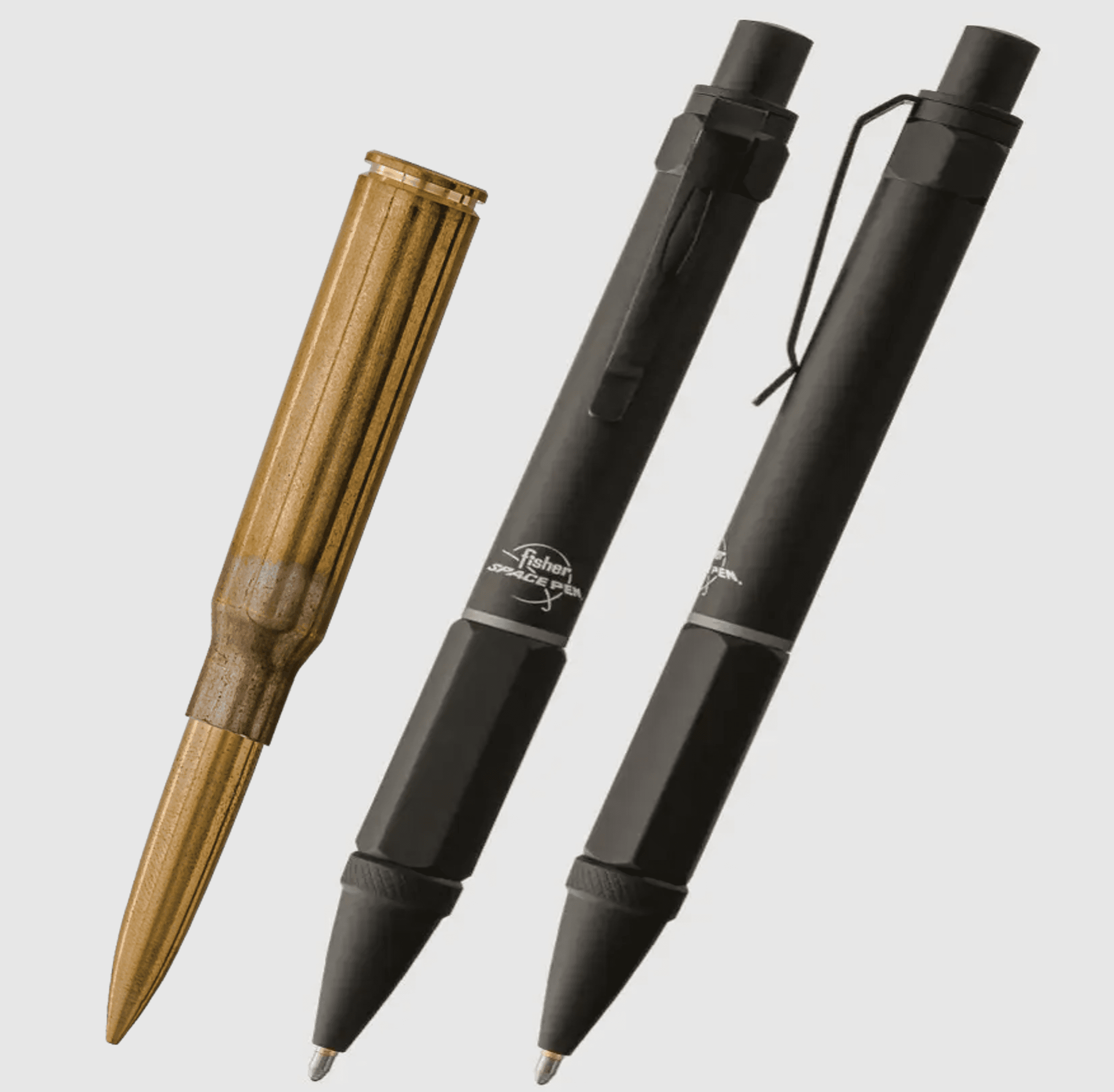 Two black pens and one brown pen with textured grips.