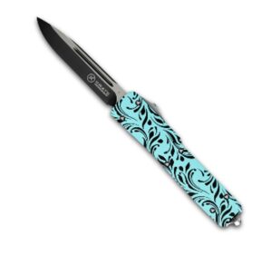 Krate Tactical-knife-teal-black-Carbon Fiber- 2 Steel- Aluminum- Out-the-Front- 3.5" Blade-8.25" Overall