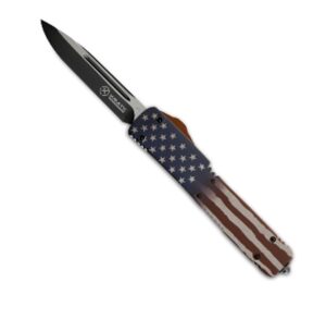 Krate Tactical-knife-red-white-blue-Carbon Fiber- 2 Steel- Aluminum- Out-the-Front- 3.5" Blade-8.25" Overall