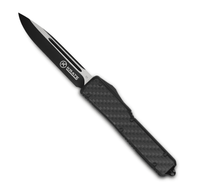 Krate Tactical-knife-black- Carbon Fiber- 2 Steel- Aluminum- Out-the-Front- 3.5" Blade-8.25" Overall