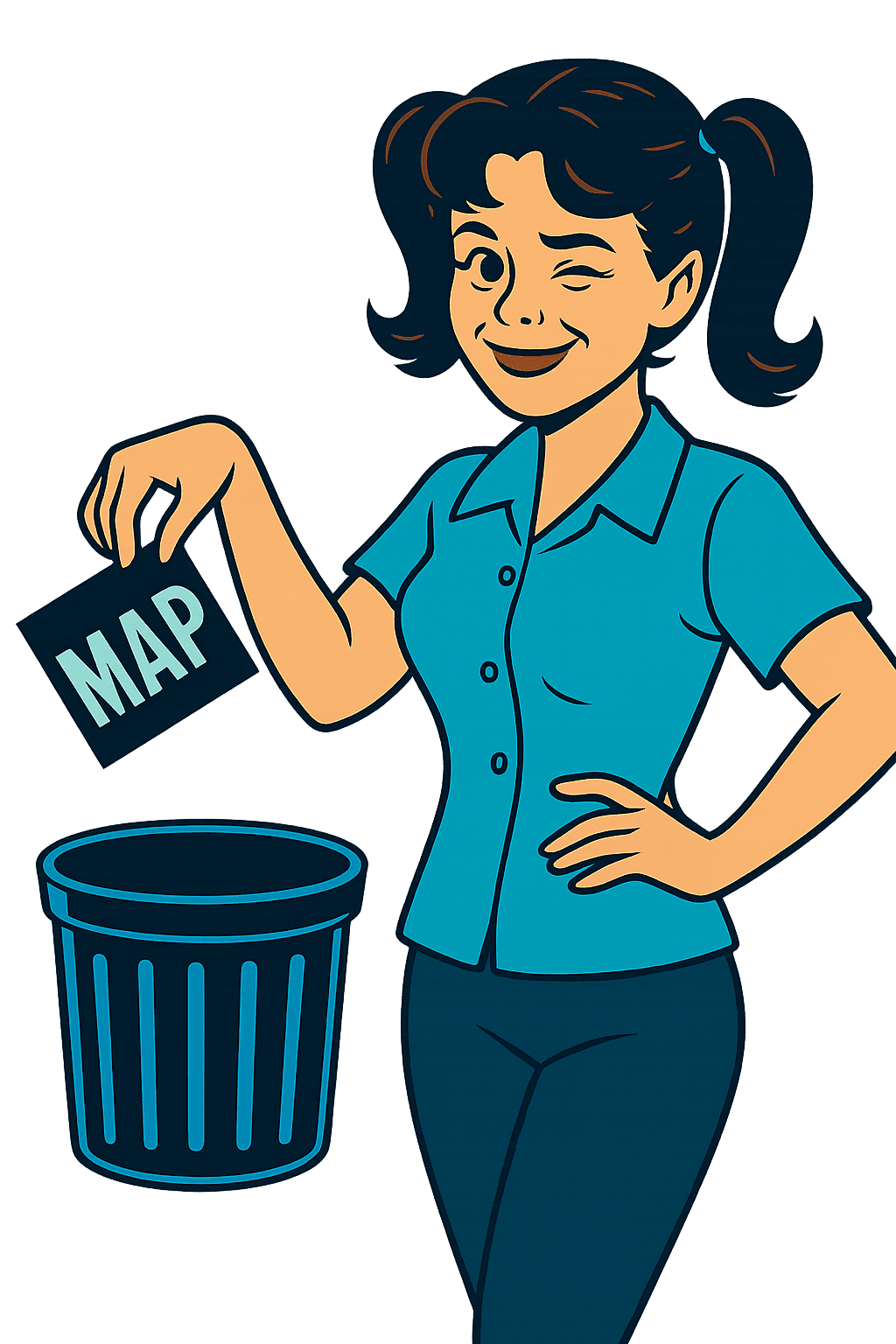 A woman discarding a map into a trash bin.