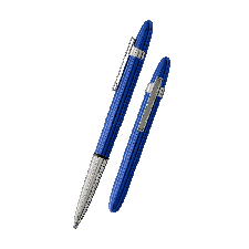 Two blue pens with silver accents on a blue background.