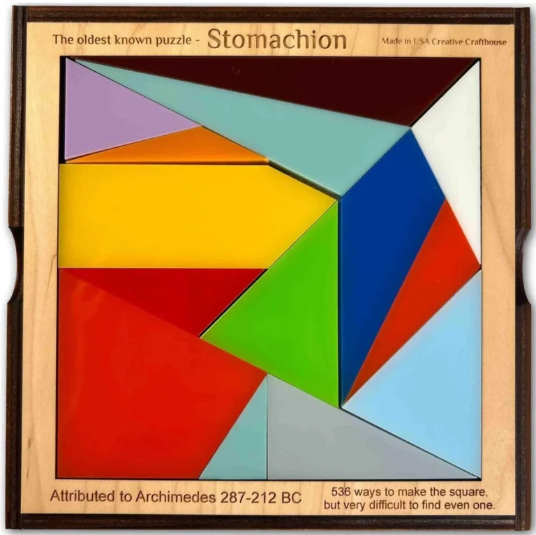stomachion-or-ostomachion-puzzle-creative crafthouse-blue, orange, yellow, red, green, purple, white, natural wood colors, wood and acrylic
