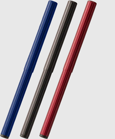 Three sleek pens in blue, black, and red colors.